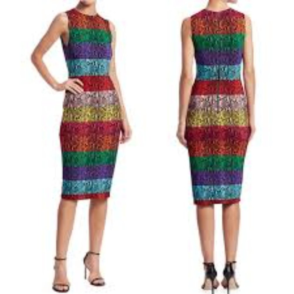 Alice + Olivia Sleeveless Multicolor Striped Lace Midi Dress